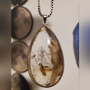 GIANT Enhydro Quartz Fine Silver S990 Necklace Beautiful Inclusions OOAK Artisan